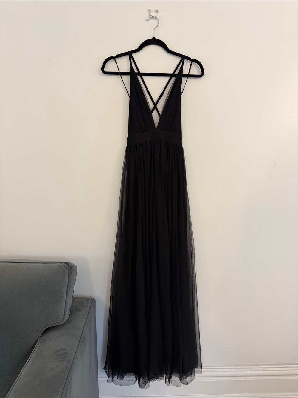 Elegant Black Strappy Maxi Dress with Tule